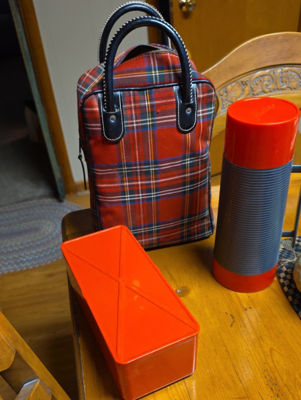 Vintage Red Plaid Lunch Bag with Thermos And Lunch Box.